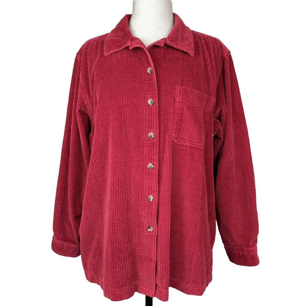 Vtg LL‎ Bean Corduroy Shirt Womens L Red Shacket Button Wide Wale Heritage Chore